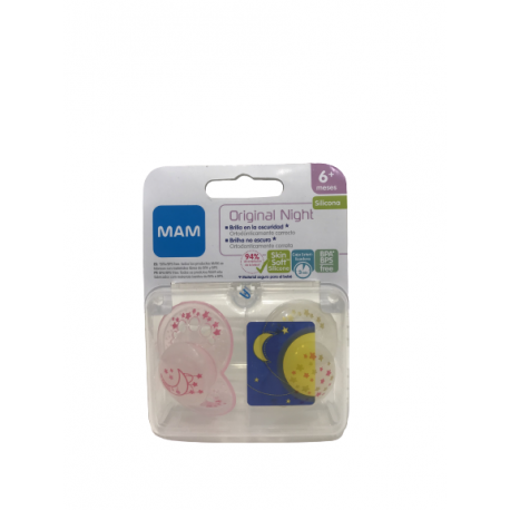 MAM CHUPETE ORIGINAL NOCHE 6+ SILICONA ROSA-BLANCO 2U