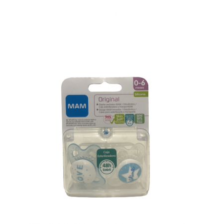 MAM CHUPETE ORIGINAL 0-6 M SILICONA AZUL-BLANCO