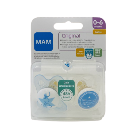 MAM CHUPETE ORIGINAL 0-6M LATEX AZUL/BLANCO 2U